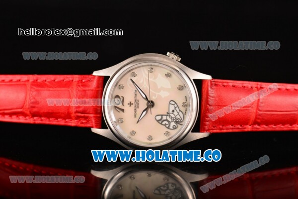 Vacheron Constantin Metiers d'Art Swiss ETA 2824 Automatic Steel Case with White MOP Dial Red Leather Strap and Diamonds Markers - Click Image to Close